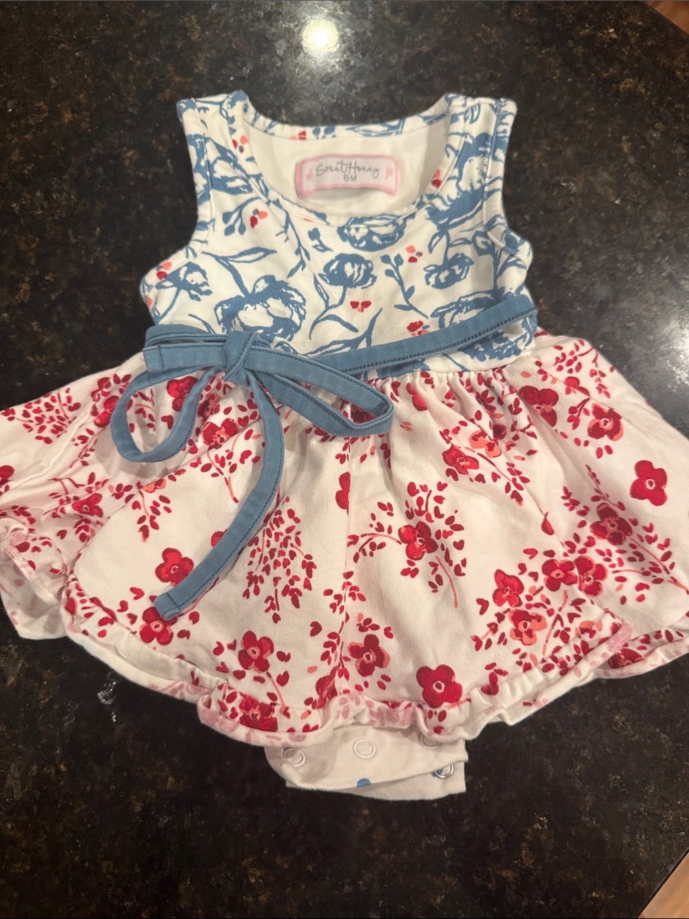 SweetHoney Two-Tone Floral Tie-Waist Baby Dress - Blue & Red